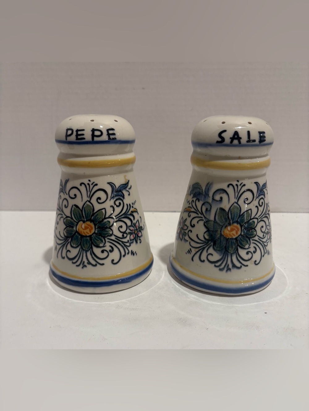 Hand-Painted Floral Ceramic Salt and Pepper Shakers - White and Blue- Vintage